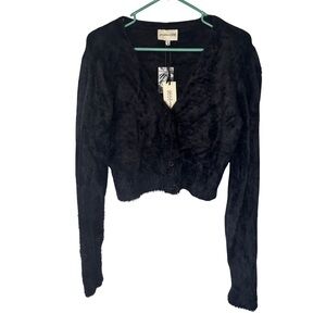 Freshman 1996 Black Faux Fur Button-Front Cropped Cardigan